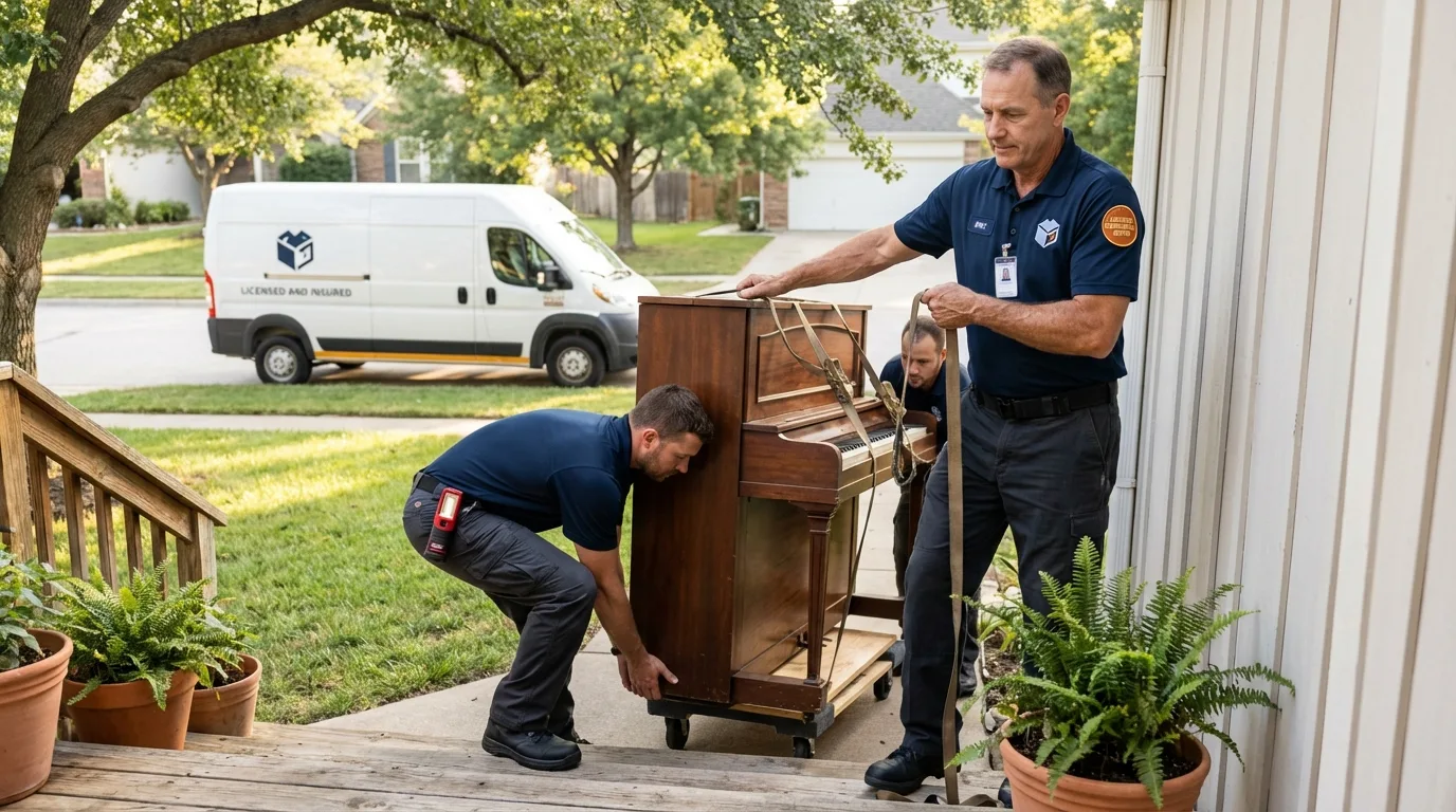 Licensed piano movers securing grand piano in Athens, GA