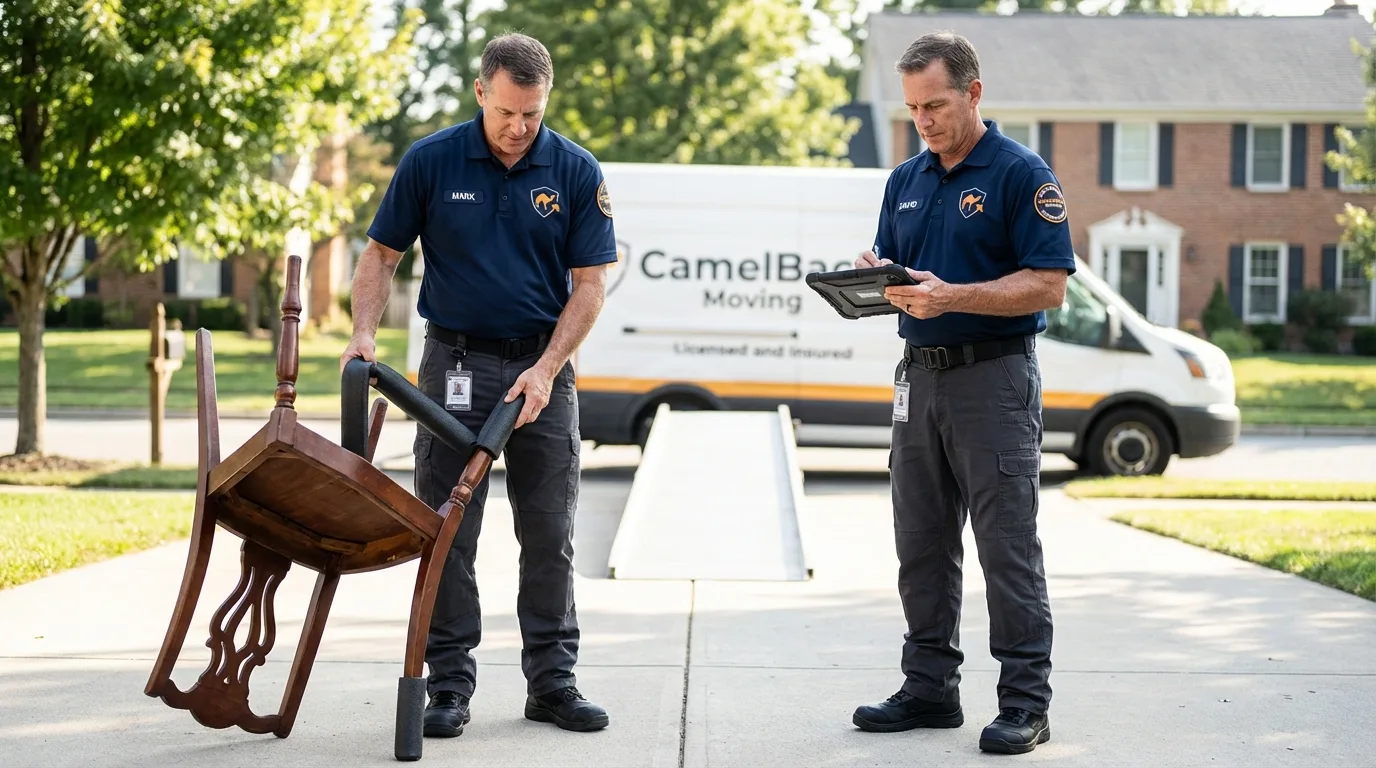 Movers inspecting furniture for damage prevention before loading in Athens, GA